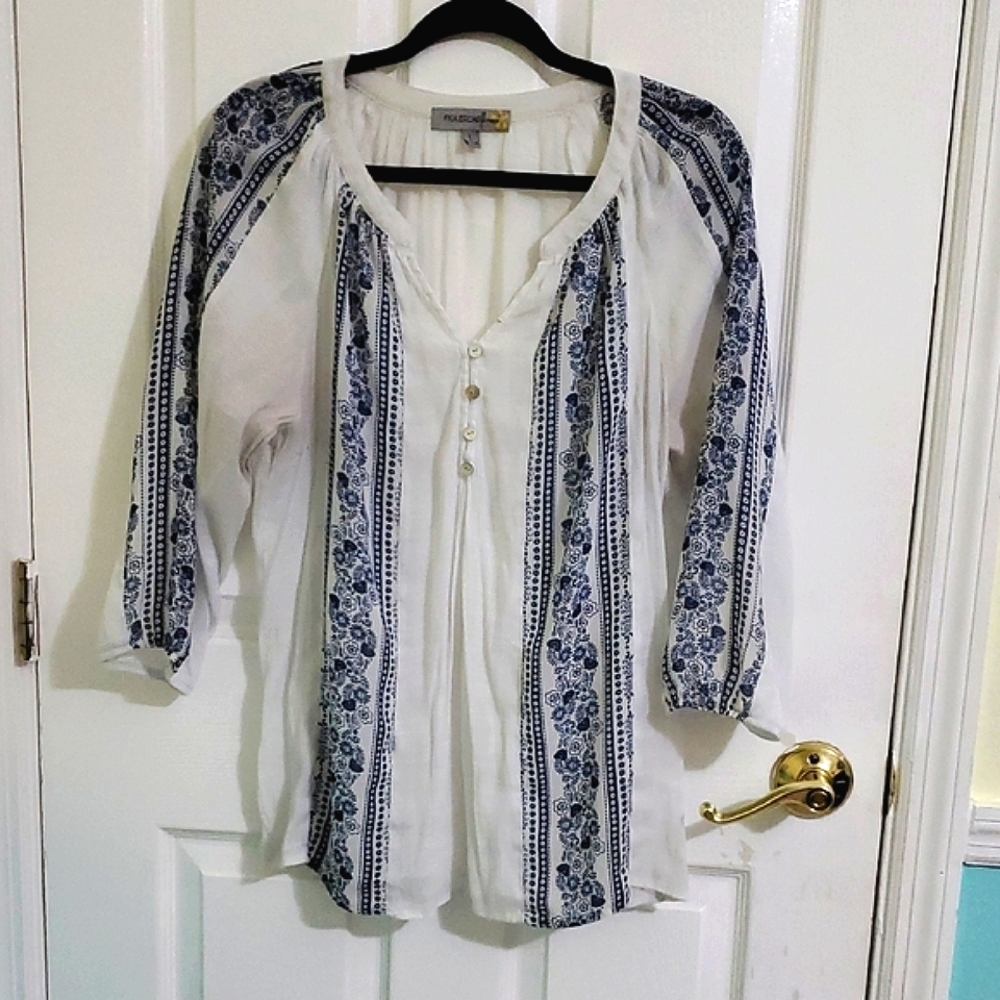 White & Blue Boho Floral Semi Sheer Pleated Semi Balloon Sleeves Peasant Top L
